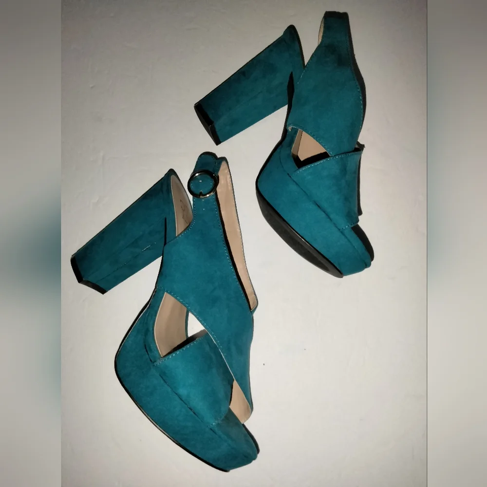 New York & Company (Sz 8) Teal Blue Open Toe Ankle Buckle Strap Platform Heels